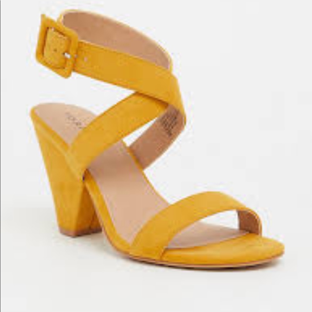 Torrid Mustard Yellow Wrap Cone Heel, size 7.5w